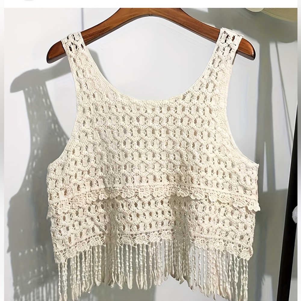 Fringe Hem Crochet Crop Tank Top Cream Natural Boho